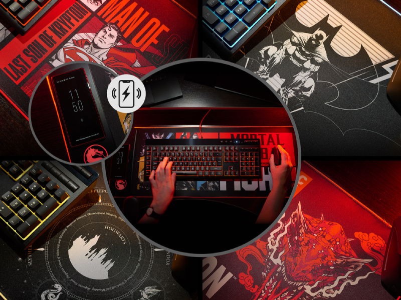 Collage of gaming setup elements featuring keyboard, monitor, and peripherals with red LED lighting against a dark background with circular frame composition.