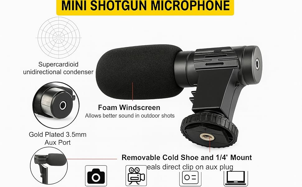 Mini shotgun microphone with foam windscreen and 3.5mm gold aux port