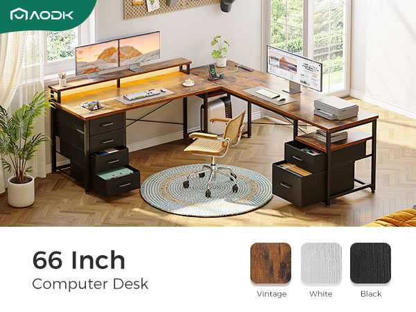 AODK 66" L Shaped Computer Desk with Drawers, 113" Reversible Home Office Desk