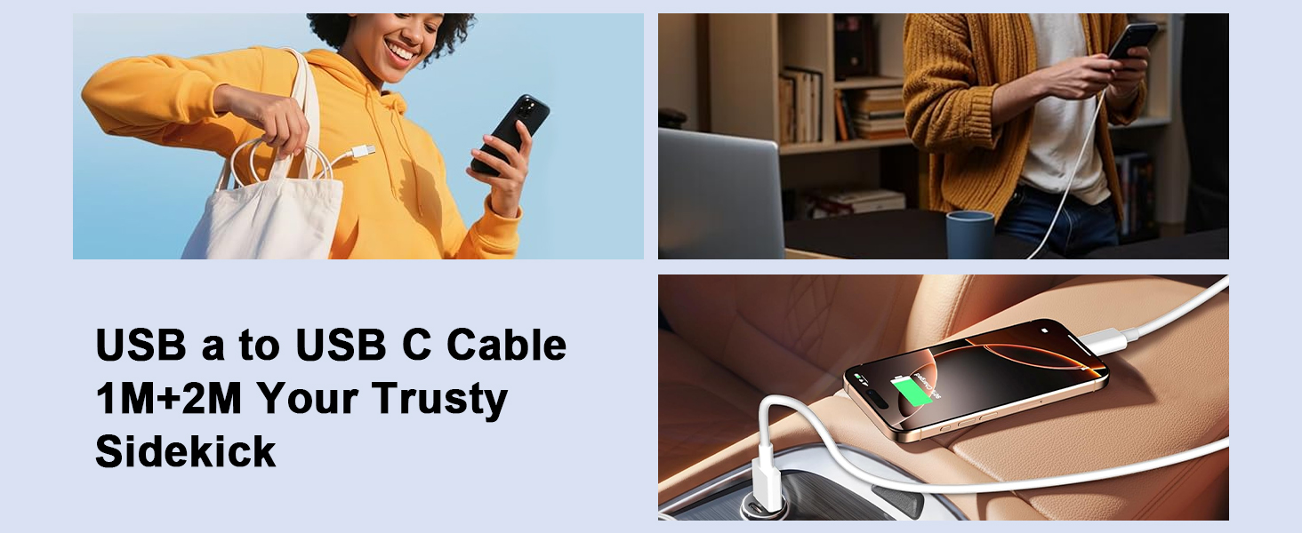 Text reads 'USB a to USB C Cable 1M-2M Your Trusty Sidekick'. Multiple images showing USB cable being used with various devices in different settings.