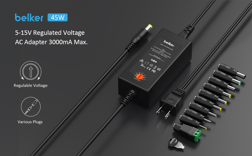 Belker 45W Universal 5V 6V 7.5V 9V 12V 13.5V 15V AC DC Adapter Power Supply