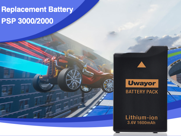 Text reads 'Replacement Battery' and 'PSP 3000/2000' on product packaging. Multiple views of black battery packs for PlayStation Portable gaming system shown against blue gradient backgrounds.