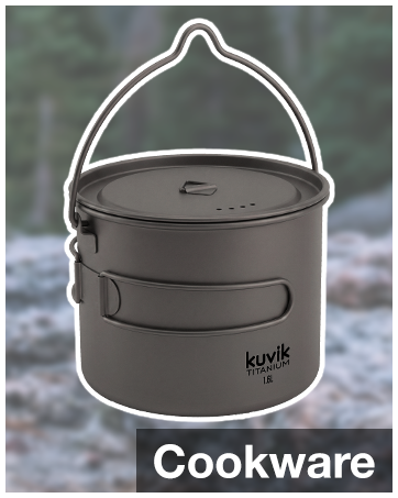 kuvik titanium cookware, pots, pans, cups, bail handle, kettle
