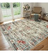 Area Rug Living Room Rugs: 5x7 Washable Rug Vintage Soft Boho Floral Non-Slip Carpet Indoor Floor...
