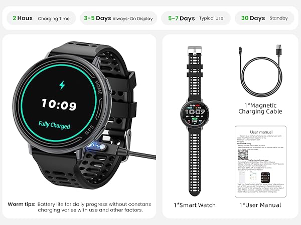 Smart watch product display showing charging time indicators from 1-3 Days. Multiple views of black circular smartwatch with digital display and band attachments.