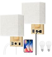 Bedside Wall Lamp Set of 2, Gold Wall Lights with Plug in Cord, Plug in Wall Sconces with USB Cha...