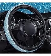 CAR PASS Mint Diamond Black Leather Steering Wheel Cover, with Bling Crystal Rhinestones Universa...