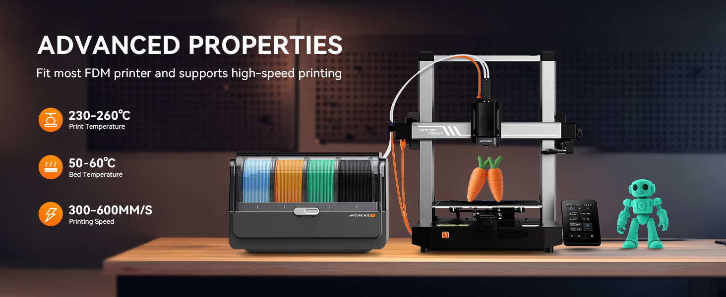 3D printer setup with temperature specifications displayed, showing printer unit, filament spools, and small printed figurine on dark surface.