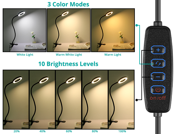 Table Lamp has 10 dimmable brightness and 3 color modes:Warm,Warm white,White.