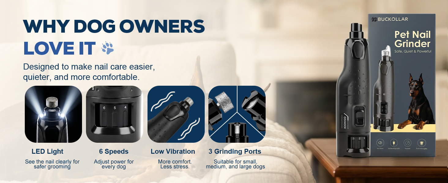 Dog nail grinder features with LED, speeds, low vibration and grinding ports.