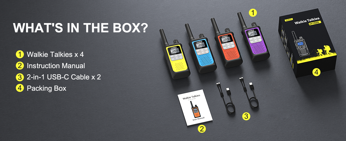 The package includes 4 rechargeable walkie talkies charging cables instructions and box