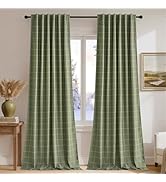 NICETOWN Buffalo Plaid Full Blackout Linen Curtain Panels 84 Inches Length, Moss Green Farmhouse ...