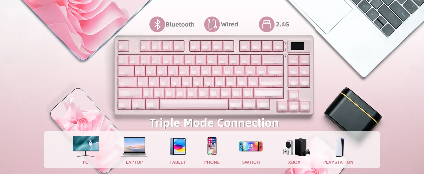 Pink Wireless Mechanical Keyboard 75% with Color Multimedia Screen Gaming Keyboard