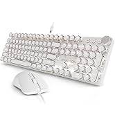 Wired Typewriter Keyboard and Mouse Combo, Low Noise Pink Switch-White | White Backlit, Retro Pun...