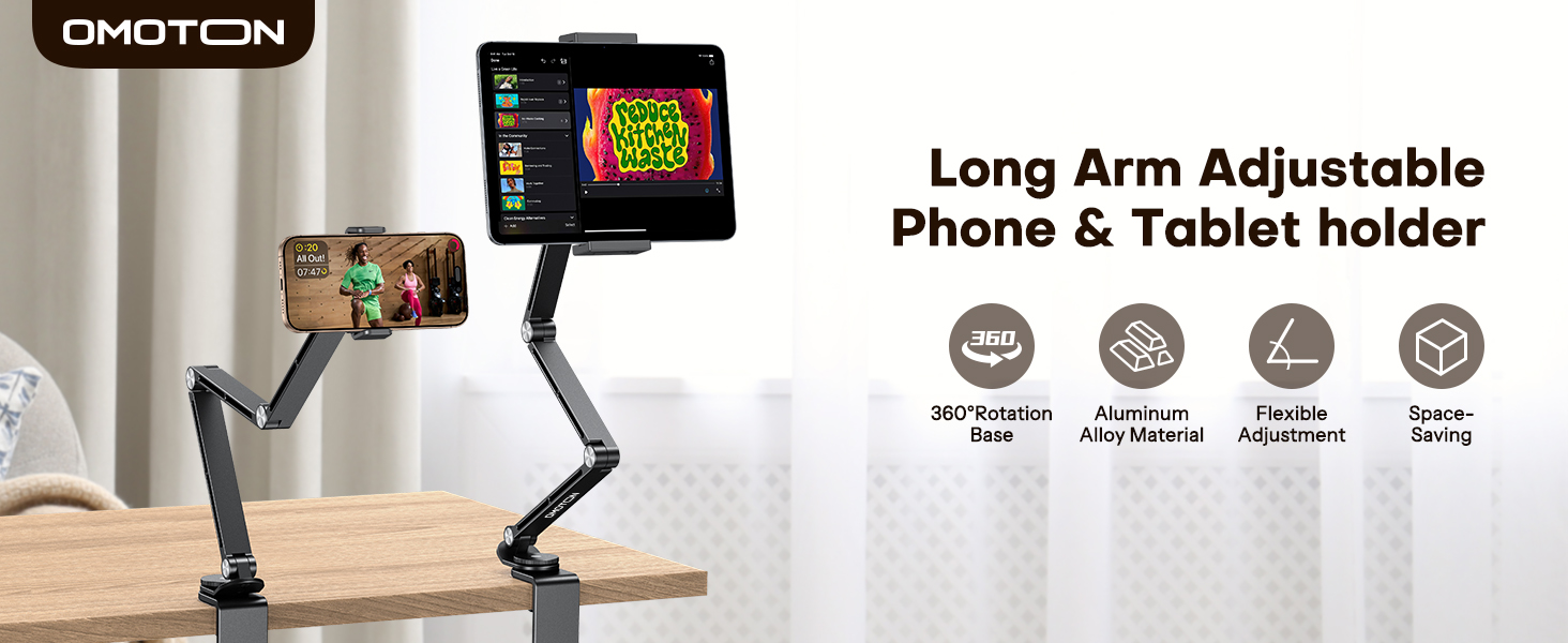 Text reads 'Long Arm Adjustable Phone & Tablet Holder'. OMOTON brand desk mount shown with device compatibility icons and various positioning options.