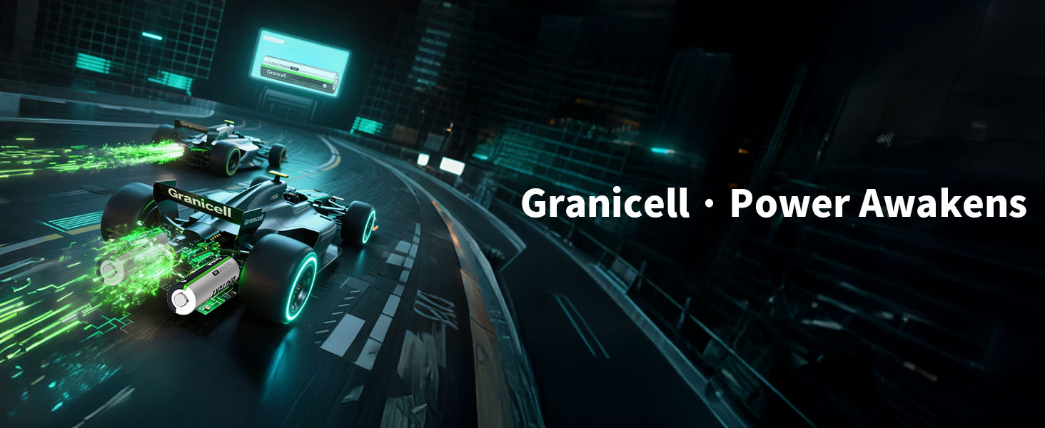 Text reads 'Granicell • Power Awakens'. Futuristic racing game screenshot showing glowing vehicles on neon-lit track in dark environment.