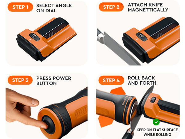 orange ninja electric rolling knife sharpener, easy use, multi-angle, durable design
