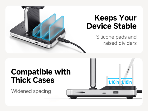 Charging station with multiple device slots, silicone pads, and raised dividers. Features wide spacing to accommodate thick cases and measures 1.18 inches between slots.