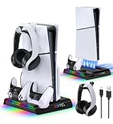 FASTSNAIL Vertical Stand with Cooling Fan for PS5 Slim Digital/Disc, Controller Charging Station ...