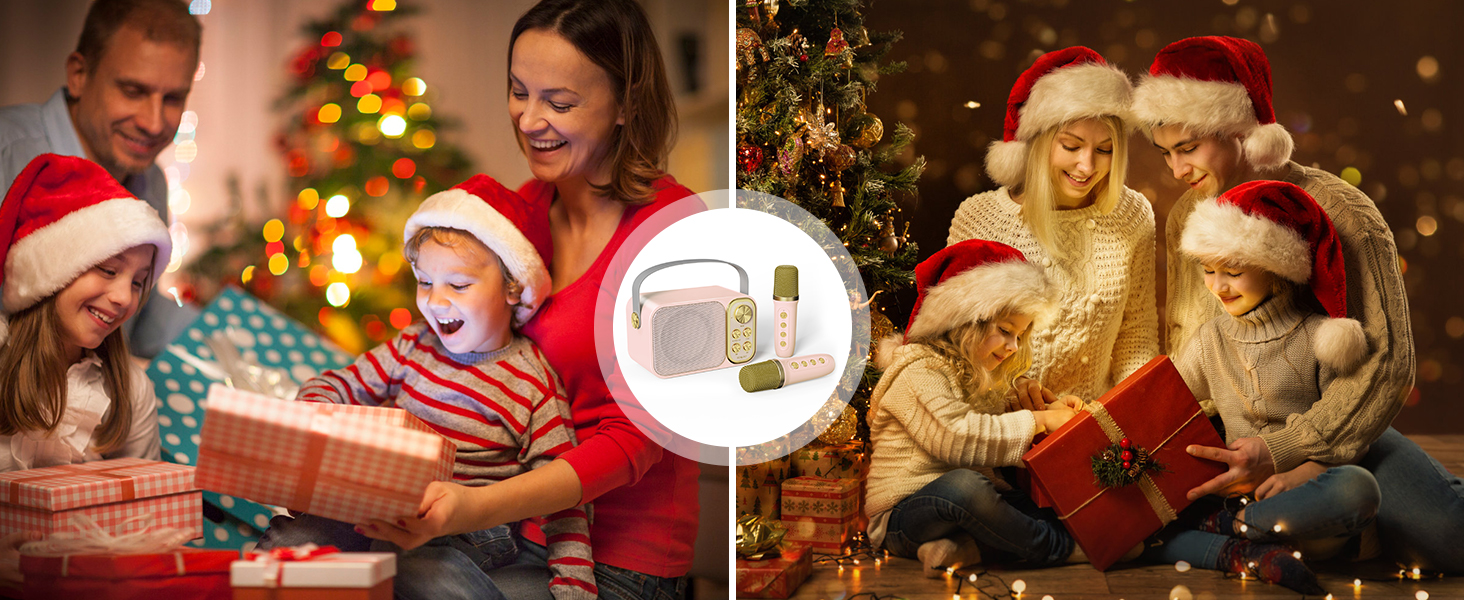 Split image of families in Christmas attire opening gifts, with a circular inset showing a white electronic device.