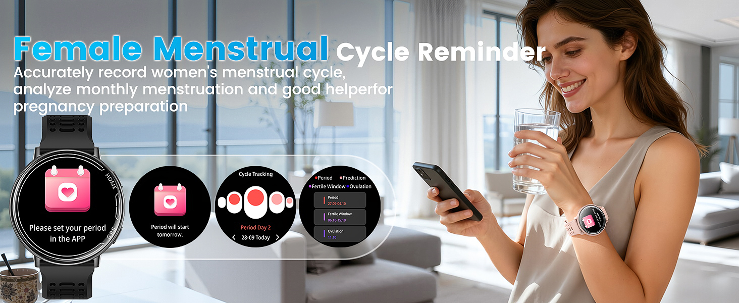 Text reads 'Periodic Menstrual Cycle Reminder'. Interface showing menstrual cycle tracking features with pink icons and information panels.
