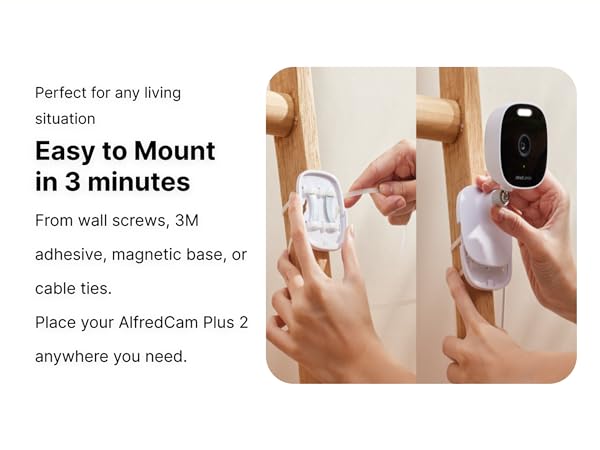 Hands mounting AlfredCam Plus 2 using cable ties, showing easy 3-minute installation setup.