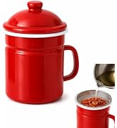 Terra Distribution Grease Container for Kitchen 34 oz Enamel Oil Container with Strainer and Lid