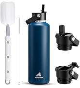POWCAN 24 oz Water Bottle Insulated with 2 Lids, Straw &amp; Spout Lid, Cleaning Brush, Leakproof, Ke...