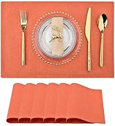 SLKQG Orange Linen Fabric Placemats Set of 6 - Heat Resistant &amp; Machine Washable Table Mats for H...
