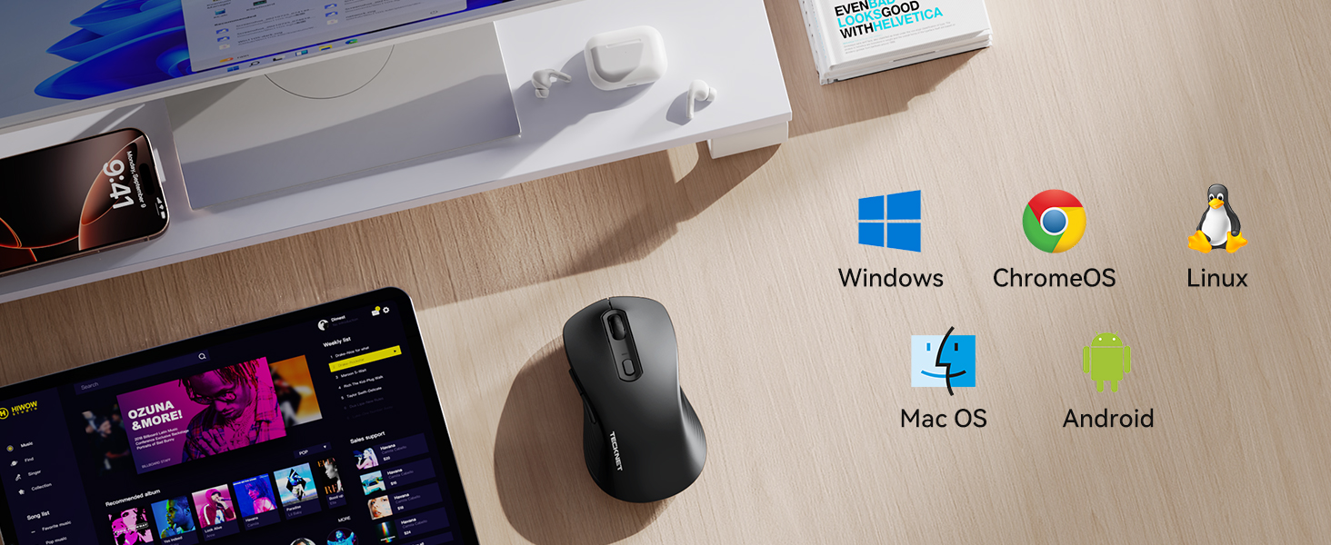 Text shows operating system icons: 'Windows', 'Chrome OS', 'iOS', 'Android', 'Linux'. Desktop setup with dark screen and multiple OS compatibility symbols.