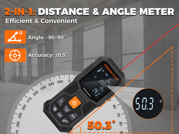 Text reads '2-IN-1 DISTANCE &amp; ANGLE METER'. Digital measuring device showing 50.3° angle measurement, with LCD display and angle markings from 0-90°.