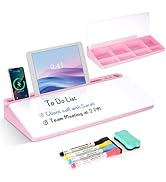 Desktop Glass Whiteboard with Storage, Pink Desk Dry Erase White Board with Computer Keyboard Sta...