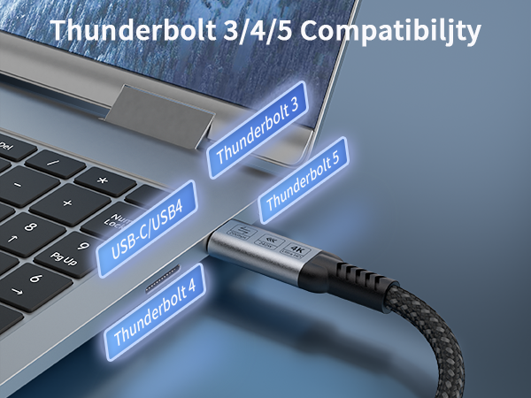 Text reads 'Thunderbolt 3/4/5 Compatibility'. Multiple images showing laptop ports and cable connections, demonstrating connectivity features.