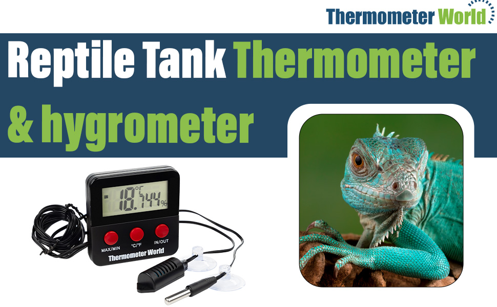Digital thermometer and hygrometer device for reptile tanks, featuring LCD display and external probe. Alongside is an image of a green iguana.