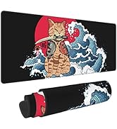 Japanese Anime Samurai Cat Red Sun Ocean Wave Mouse Pad XL Extended Desk Mat, Non Slip Rubber Bas...