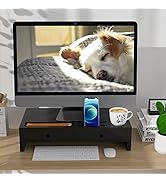 Monitor Stand Riser with Drawer - Black Laptop Stand, Bamboo Desktop Shelf Organizer for Computer...