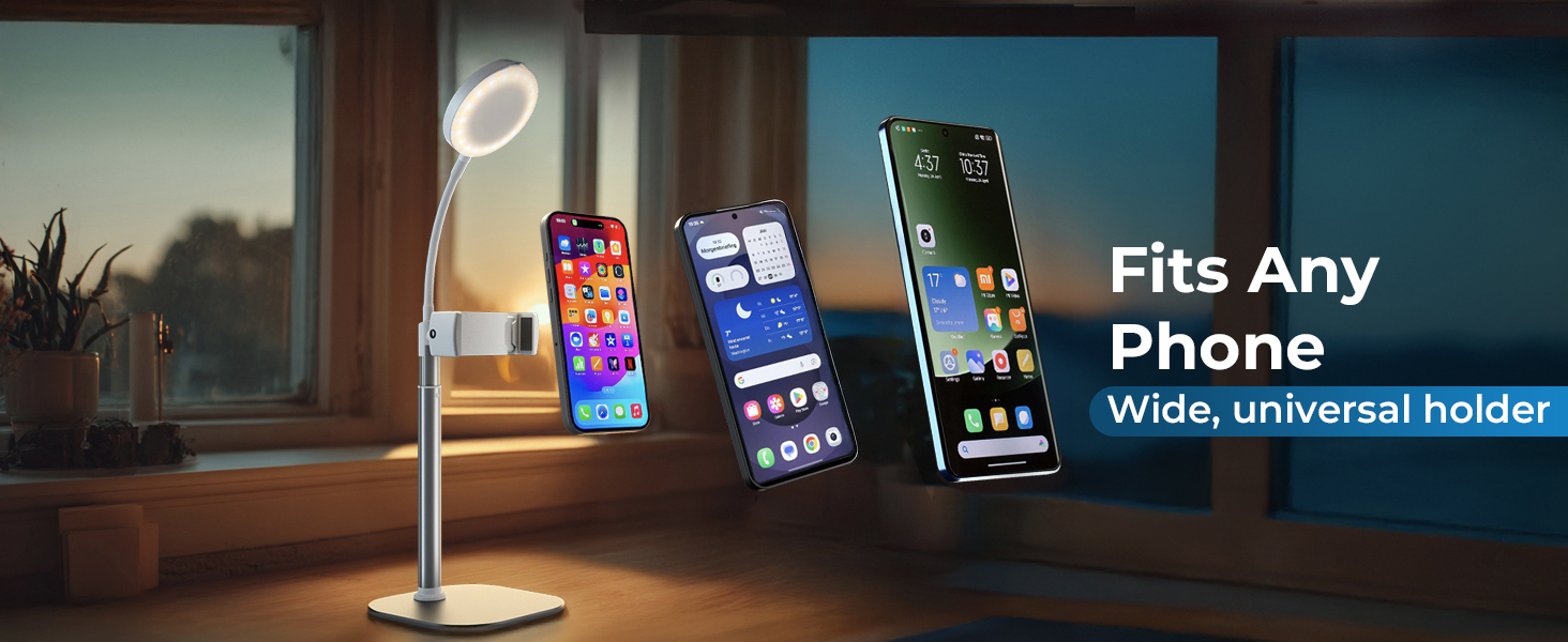 Universal tripod with light fits any phone, phone light for video recording, ring light for iPhone.