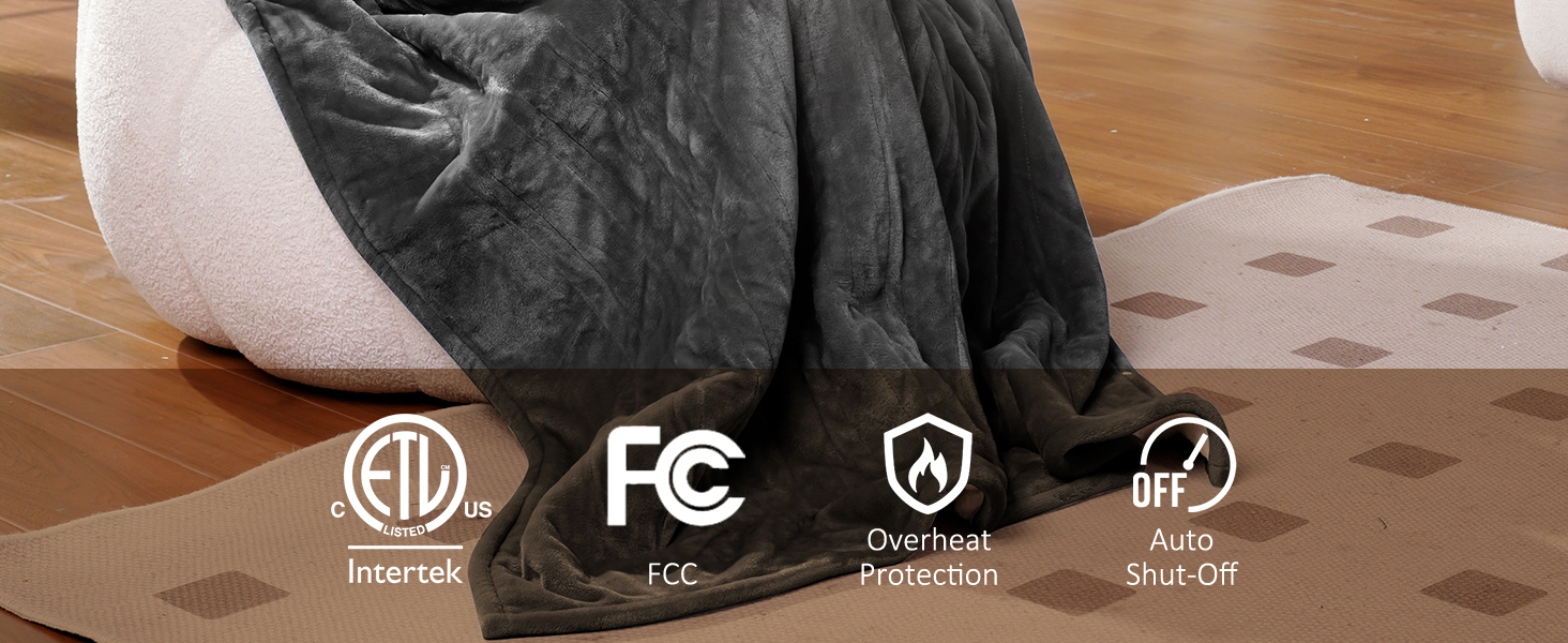 Heated throw is ETL certified, with overheat protection and auto shut-off function