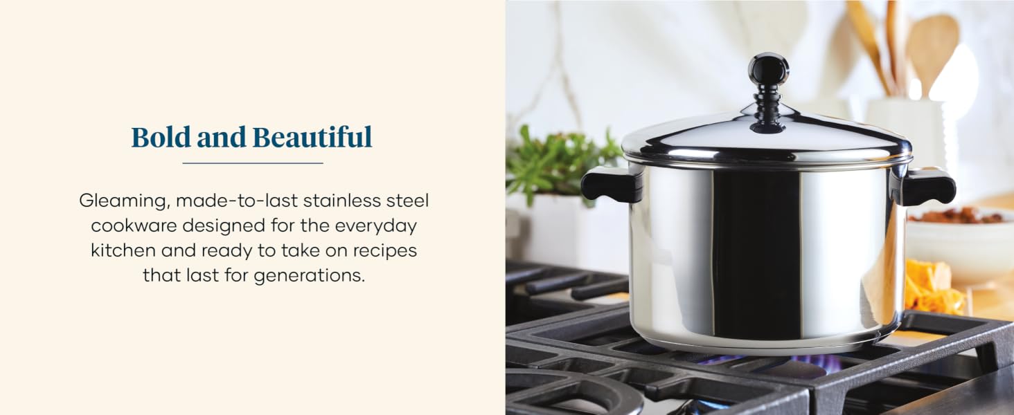 Farberware Classic features gleaming, durable stainless steel construction.