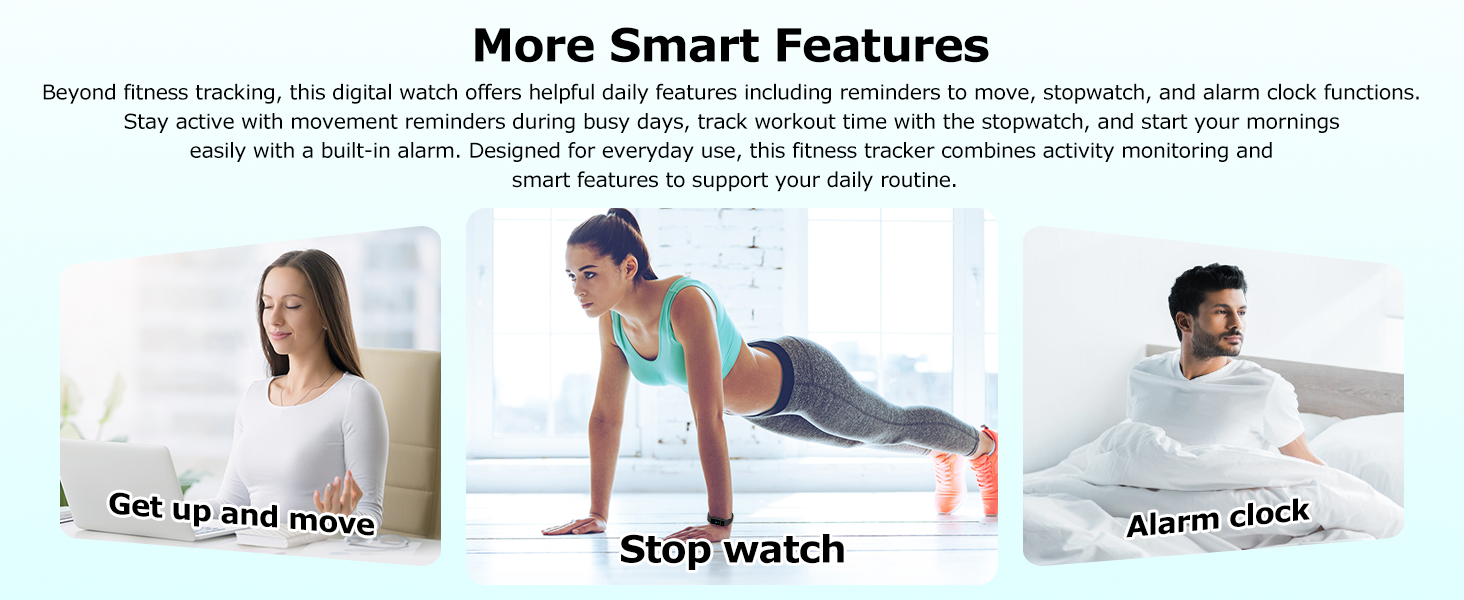 Smart fitness tracker watch with move reminders, stopwatch timer and alarm clock functions