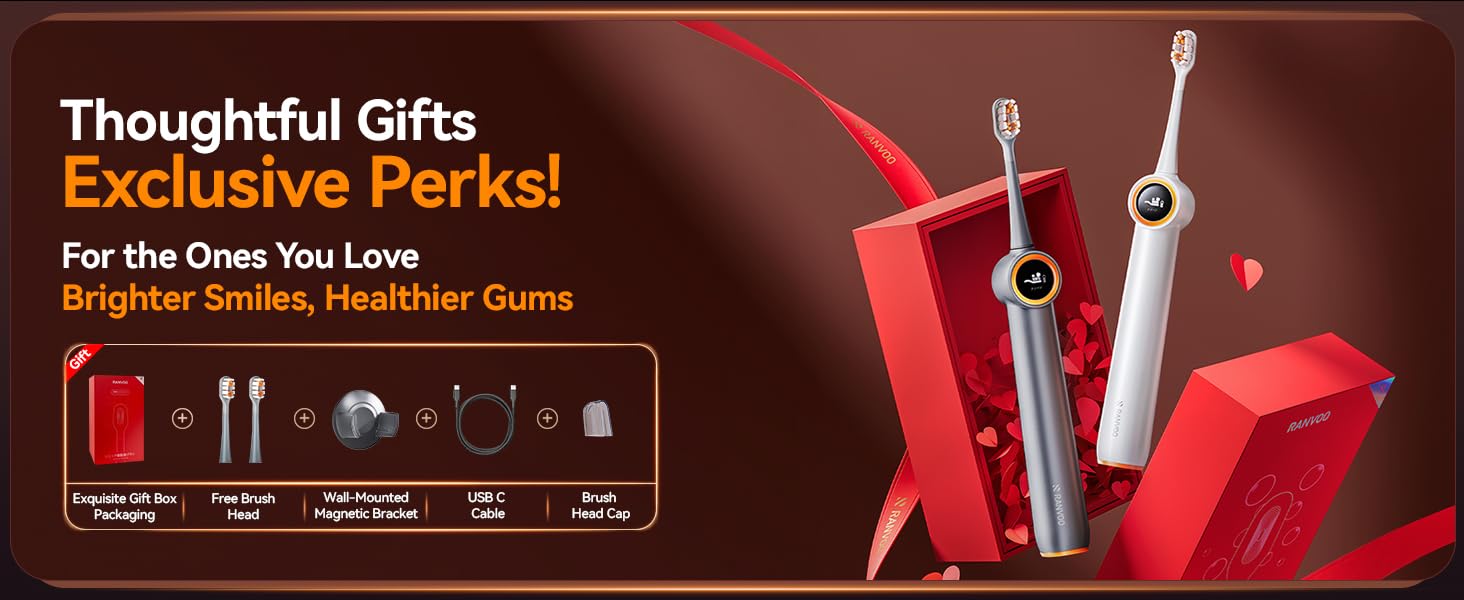 Text reads 'Thoughtful Gifts' and 'Exclusive Perks!' and 'Brighter Smiles, Healthier Gums'. Red promotional banner featuring dental care products.