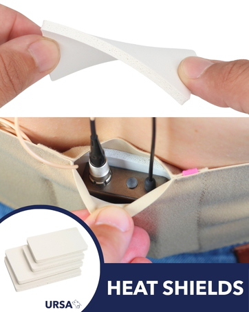 Text reads 'URSA HEAT SHIELDS'. Close-up images showing installation or application process of heat shield materials or components.