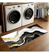 ANNA QUEEN Black and Gold Marble Laundry Room Rug 20x47 Inch – Abstract Art Non Slip Runner Mat f...