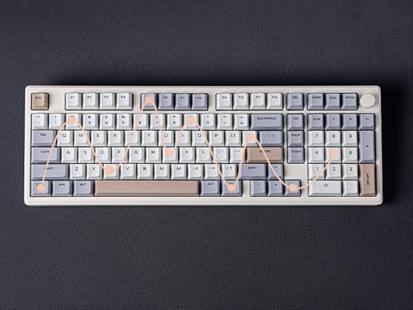Full-size computer keyboard with white, gray, and light pink keycaps. Features a standard QWERTY layout, number pad, and function keys on a beige base.
