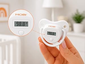 MOBI Pacifier Thermometer featuring an easy-to-read digital temperature display.