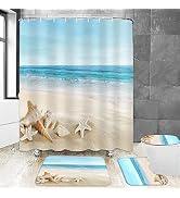4Pcs Summer Beach Shower Curtain Sets Sea Ocean Bathroom Set Decor with Non-Slip Rugs Bath U-Shap...