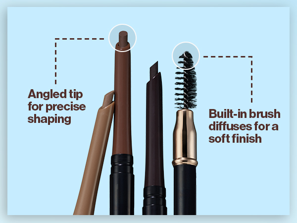 Close up on ends of ColorStay brow pencil. Angled tip for shaping and built in brush for soft finish