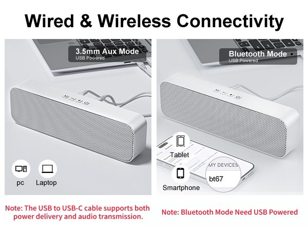 Computer speaker with wired 3.5mm AUX and wireless Bluetooth 5.3