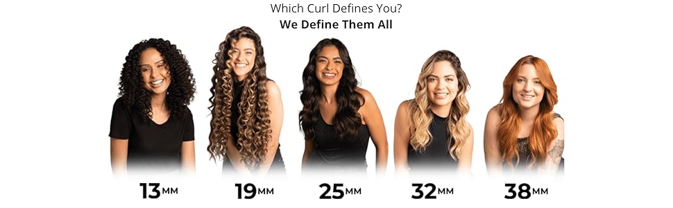Four Curves styling irons in 13 mm, 19 mm, 25 mm, and 32 mm sizes 