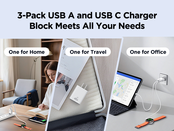3-Pack usb adapter block: one for home, one for the office, and one for travel